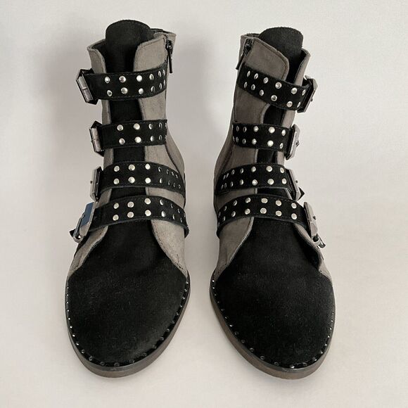 Girotti Bootie Women Size 41 US 10 - 10.5M Gray Black Suede Quad Buckle Studded - Picture 4 of 13